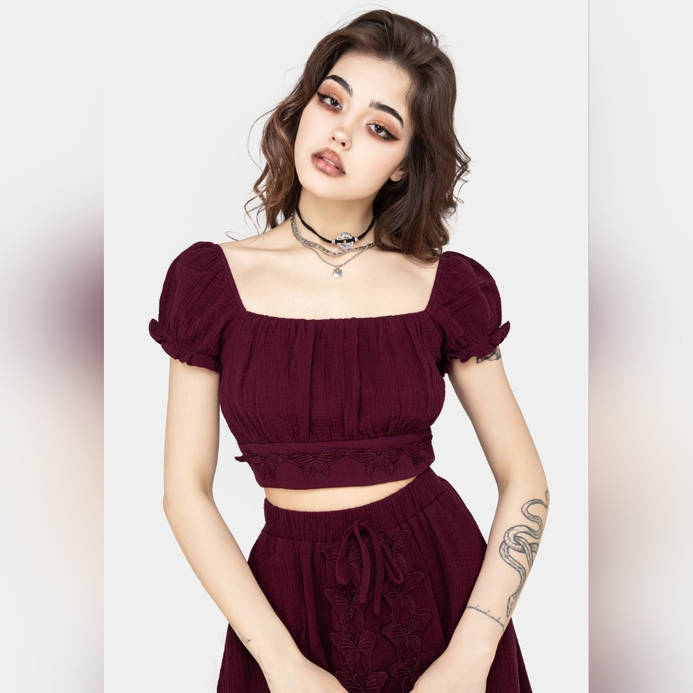 Disturbia Purple Textured Crop Top with Butterflies Sz 16